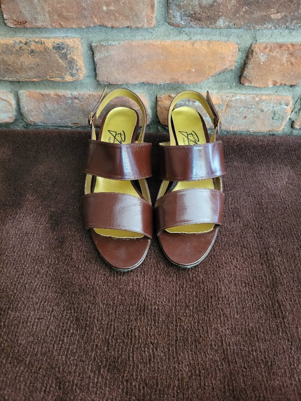 RJ Spiegel Three Strap Brown Wedgie Sandals